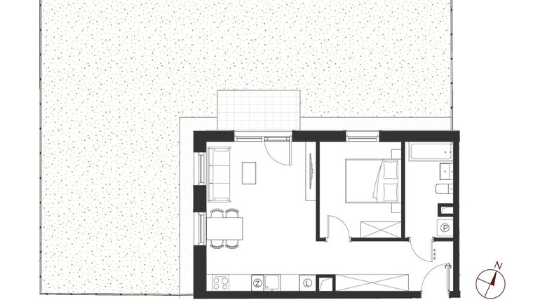 Rzut - Mieszkanie na sprzedaż 2 pokoje o powierzchni 46,76 m² - numer B.0.3 w Apartamenty Symfonia