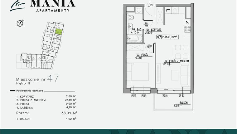 Rzut - Mieszkanie na sprzedaż 2 pokoje o powierzchni 38,99 m² - numer 47 w MANIA Apartamenty