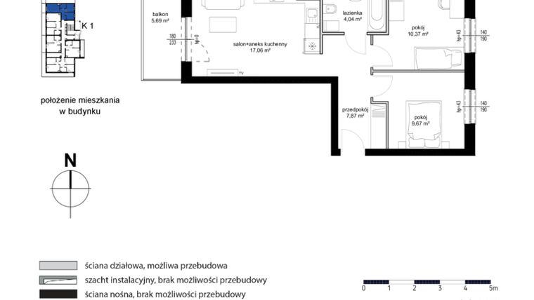 Rzut - Mieszkanie na sprzedaż 3 pokoje o powierzchni 49,01 m² - numer M5 w Kwarcowe Wzgórze