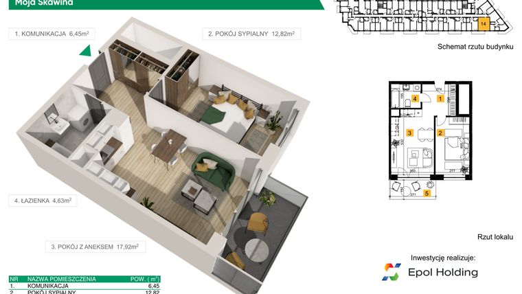 Rzut - Mieszkanie na sprzedaż 2 pokoje o powierzchni 41,82 m² - numer M14 w Moja Skawina