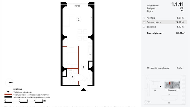 Rzut - Mieszkanie na sprzedaż 1 pokój o powierzchni 36,81 m² - numer EZ.1.1.11 w Elewator - Mieszkania i Lofty