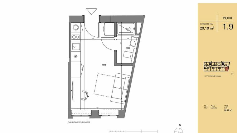 Rzut - Mieszkanie na sprzedaż 1 pokój o powierzchni 20,1 m² - numer 1.9 w Rezydencja San Petrus