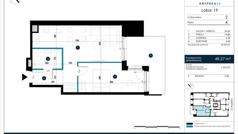 Rzut - Mieszkanie na sprzedaż 2 pokoje o powierzchni 48,27 m² - numer M19 w Krypska 33