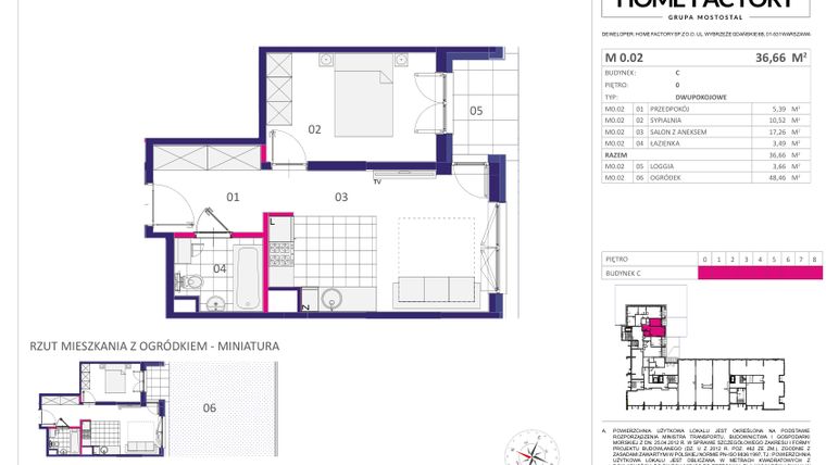 Rzut - Mieszkanie na sprzedaż 2 pokoje o powierzchni 36,66 m² - numer M0.02 w Home Factory etap III