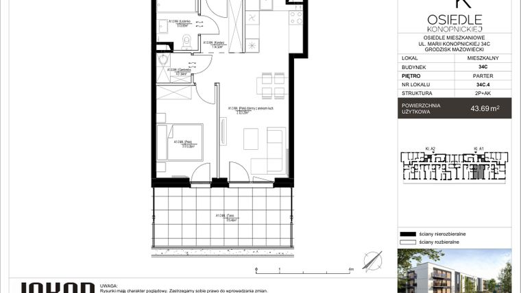 Rzut - Mieszkanie na sprzedaż 2 pokoje o powierzchni 43,69 m² - numer 34C.4 w Osiedle Konopnickiej