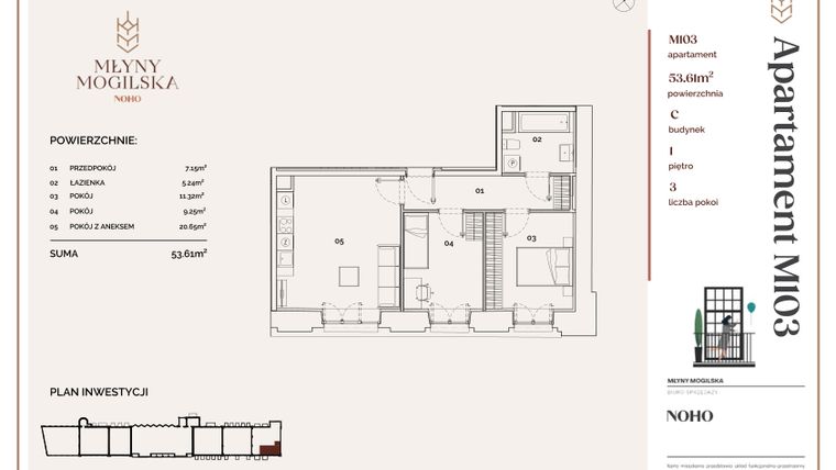 Rzut - Mieszkanie na sprzedaż 3 pokoje o powierzchni 53,61 m² - numer C.103 w Młyny Mogilska