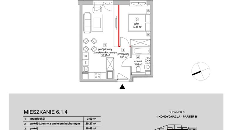 Rzut - Mieszkanie na sprzedaż 2 pokoje o powierzchni 38,72 m² - numer 6.1.4 w Osiedle Przyjemne III