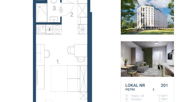 Rzut - Mieszkanie na sprzedaż 1 pokój o powierzchni 22,44 m² - numer 201 w NANO APART