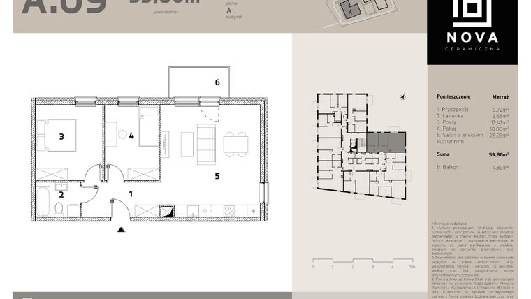 Rzut - Mieszkanie na sprzedaż 3 pokoje o powierzchni 59,86 m² - numer A9 w Nova Ceramiczna