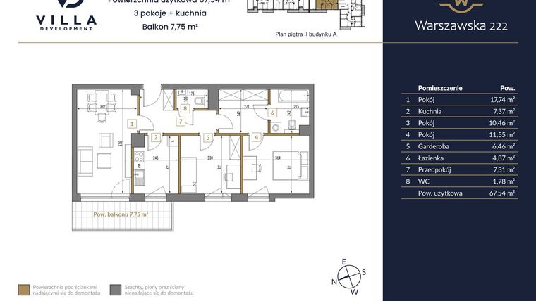 Rzut - Mieszkanie na sprzedaż 3 pokoje o powierzchni 67,54 m² - numer 15A w Warszawska 222