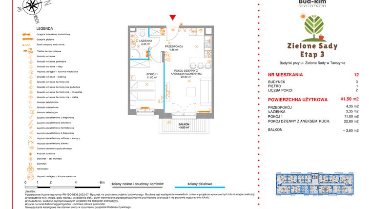 Rzut - Mieszkanie na sprzedaż 2 pokoje o powierzchni 41,5 m² - numer 12 w Zielone Sady etap III