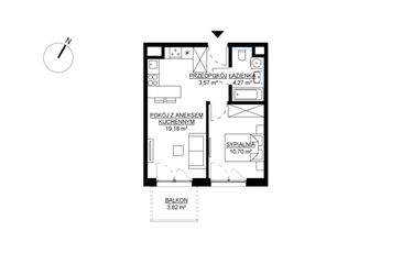 Rzut - Mieszkanie na sprzedaż 2 pokoje o powierzchni 37,72 m² - numer M53 w KWADRAT etap 2