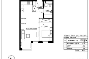 Rzut - Mieszkanie na sprzedaż 2 pokoje o powierzchni 46,61 m² - numer 43 w Nowa Kurkowa