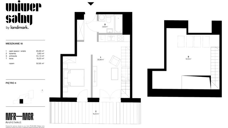 Rzut - Mieszkanie na sprzedaż 3 pokoje o powierzchni 52,95 m² - numer 18 w Dom Uniwersalny