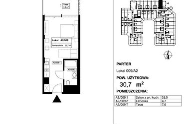 Rzut - Mieszkanie na sprzedaż 1 pokój o powierzchni 30,7 m² - numer 009 w Apollo Resort