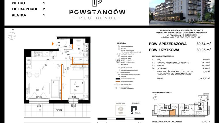 Rzut - Mieszkanie na sprzedaż 2 pokoje o powierzchni 40,9 m² - numer 4 w Powstańców Residence