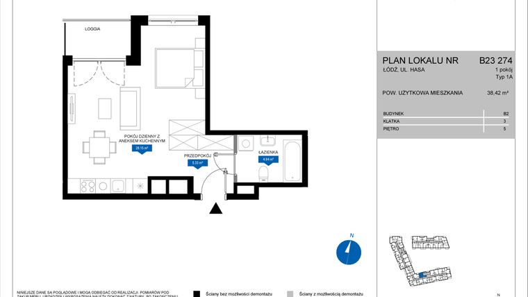 Rzut - Mieszkanie na sprzedaż 1 pokój o powierzchni 38,42 m² - numer B23 274 w Flow - bud. B2 A i bud. B2 B