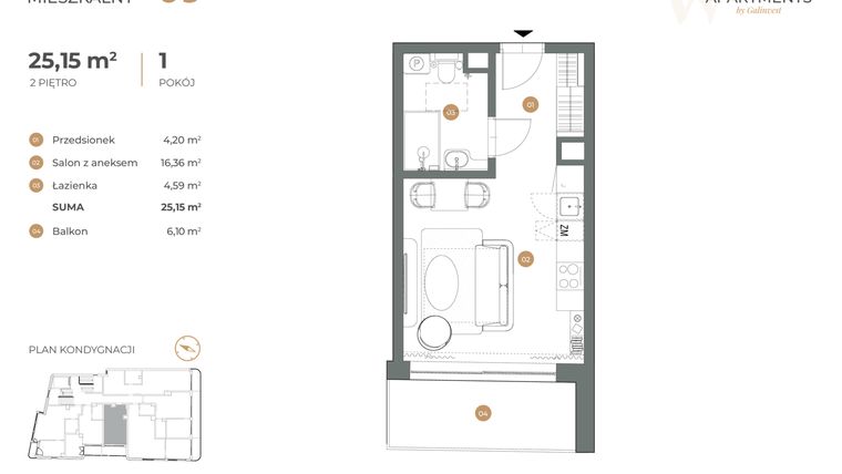 Rzut - Mieszkanie na sprzedaż 1 pokój o powierzchni 25,15 m² - numer 9 w Witkiewicza Apartments