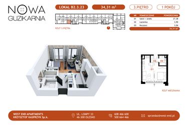 Rzut - Mieszkanie na sprzedaż 1 pokój o powierzchni 34,31 m² - numer B2.3.23 w Nowa Guzikarnia