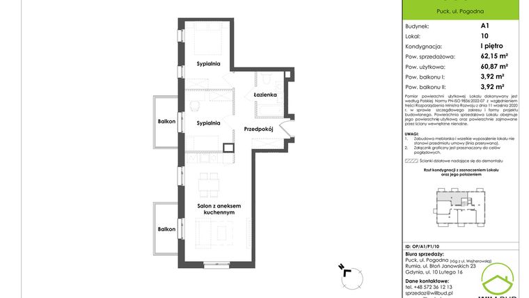 Rzut - Mieszkanie na sprzedaż 3 pokoje o powierzchni 60,87 m² - numer OP/A1/P1/10 w Osiedle Pogodne etap I
