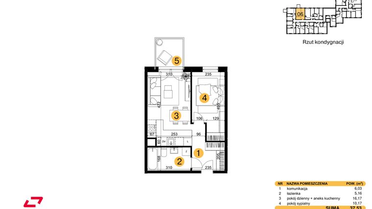 Rzut - Mieszkanie na sprzedaż 2 pokoje o powierzchni 37,53 m² - numer M06 w Punkt Wola