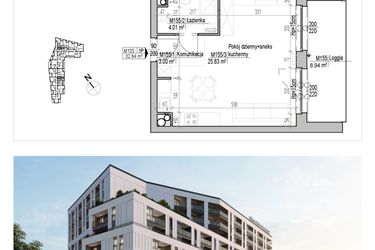 Rzut - Mieszkanie na sprzedaż 1 pokój o powierzchni 32,84 m² - numer 155 w Aleja