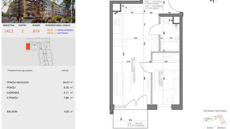 Rzut - Mieszkanie na sprzedaż 2 pokoje o powierzchni 45,42 m² - numer I-B19 w Industria etap I-B