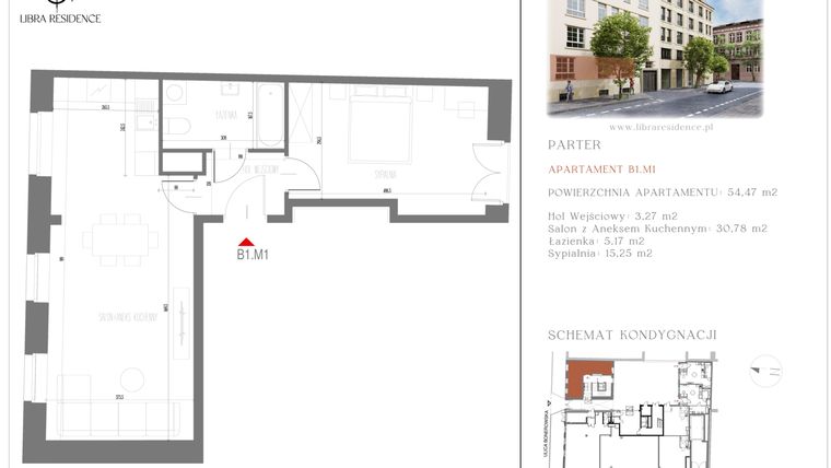 Rzut - Mieszkanie na sprzedaż 2 pokoje o powierzchni 54,47 m² - numer B1.M1 w Libra Residence