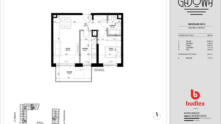 Rzut - Mieszkanie na sprzedaż 2 pokoje o powierzchni 48,37 m² - numer 23 w Gajowa bud. A