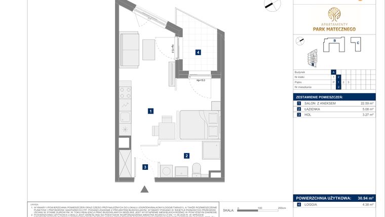 Rzut - Mieszkanie na sprzedaż 1 pokój o powierzchni 30,94 m² - numer A2 w Apartamenty Park Matecznego Etap 1