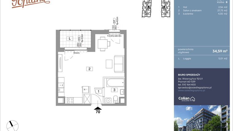 Rzut - Mieszkanie na sprzedaż 1 pokój o powierzchni 34,59 m² - numer F70 w Goplana budynek F