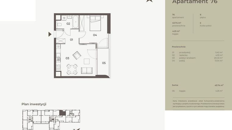 Rzut - Mieszkanie na sprzedaż 2 pokoje o powierzchni 43,74 m² - numer 76 w Monument