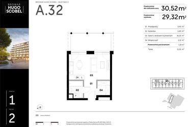 Rzut - Mieszkanie na sprzedaż 1 pokój o powierzchni 30,52 m² - numer A.32 w Browar HUGO SCOBEL