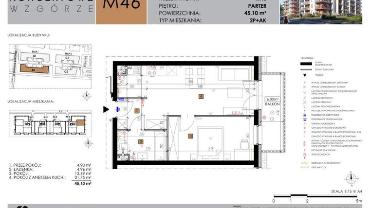 Rzut - Mieszkanie na sprzedaż 2 pokoje o powierzchni 45,1 m² - numer B2.46 w Koncertowe Wzgórze