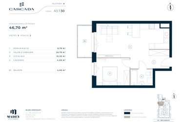 Rzut - Mieszkanie na sprzedaż 2 pokoje o powierzchni 46,7 m² - numer A3.7.30 w Cascada