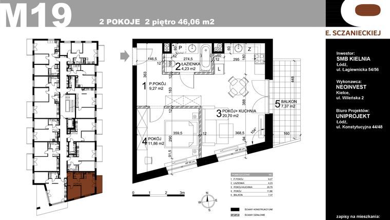 Rzut - Mieszkanie na sprzedaż 2 pokoje o powierzchni 46,06 m² - numer M19 w Sczanieckiej 8