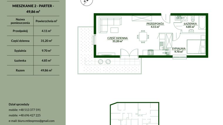 Rzut - Mieszkanie na sprzedaż 2 pokoje o powierzchni 49,86 m² - numer 2 w Bukowa etap II