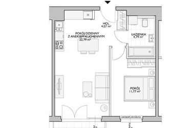 Rzut - Mieszkanie na sprzedaż 2 pokoje o powierzchni 44,58 m² - numer WO/P33/21 w Wiszące Ogrody