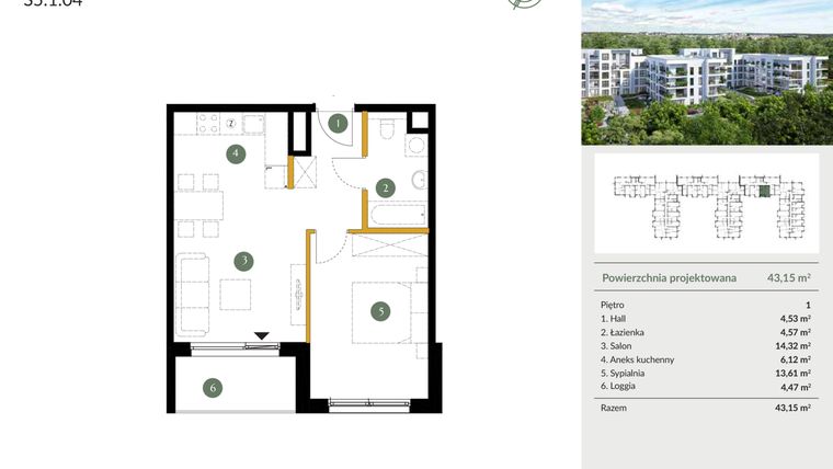 Rzut - Mieszkanie na sprzedaż 2 pokoje o powierzchni 43,15 m² - numer S5.1.04 w Ogrody Julianów