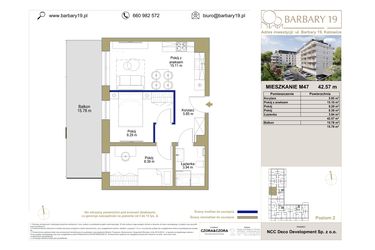 Rzut - Mieszkanie na sprzedaż 3 pokoje o powierzchni 42,57 m² - numer M47 w Barbary 19