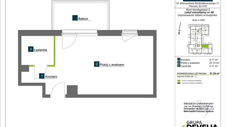 Rzut - Mieszkanie na sprzedaż 1 pokój o powierzchni 31,34 m² - numer AA0409 w Vilda Arte