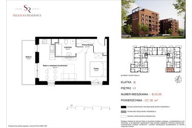 Rzut - Mieszkanie na sprzedaż 2 pokoje o powierzchni 37,57 m² - numer B-03-05 w Siedlecka Residence
