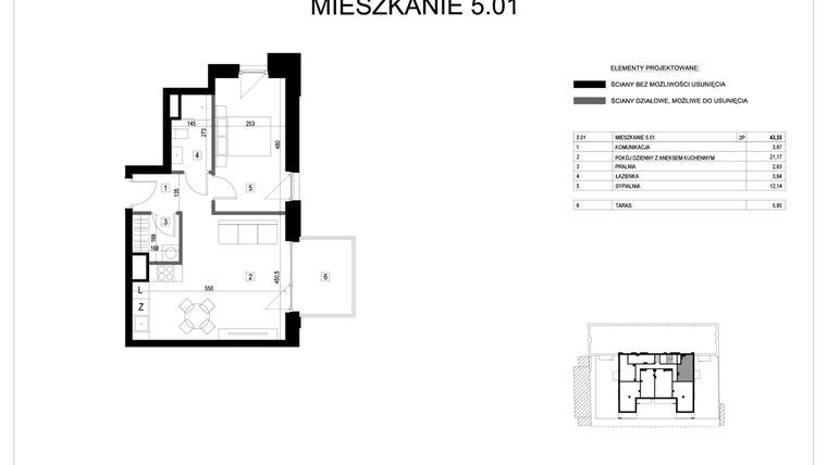 Rzut - Mieszkanie na sprzedaż 2 pokoje o powierzchni 43,55 m² - numer M5.01 w Verde Casa