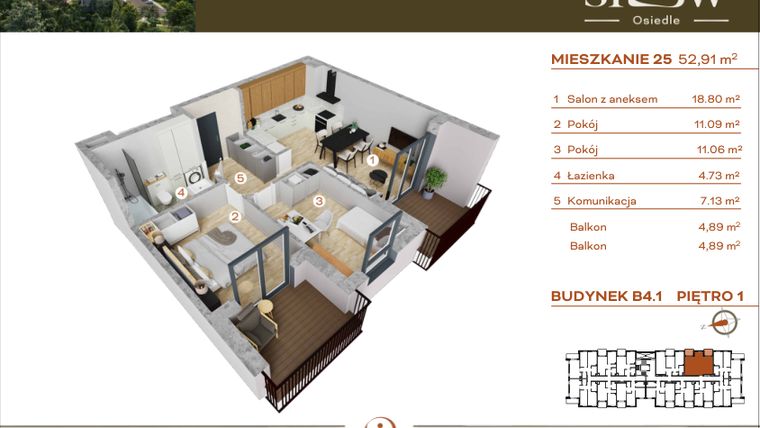 Rzut - Mieszkanie na sprzedaż 3 pokoje o powierzchni 52,91 m² - numer M25 w Osiedle SLOW