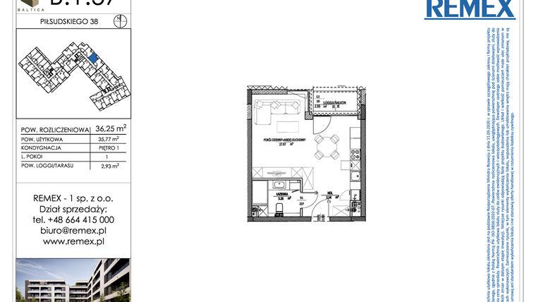 Rzut - Mieszkanie na sprzedaż 1 pokój o powierzchni 36,22 m² - numer B.1.57 w Osiedle BALTICA