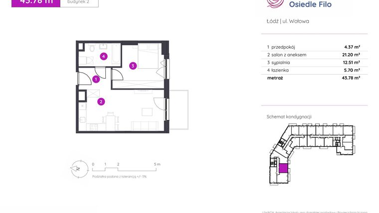 Rzut - Mieszkanie na sprzedaż 2 pokoje o powierzchni 43,78 m² - numer 2.A.2.02 w Murapol Osiedle Filo etap II