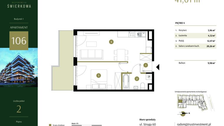 Rzut - Mieszkanie na sprzedaż 2 pokoje o powierzchni 41,01 m² - numer 106 w Rezydencja Świerkowa