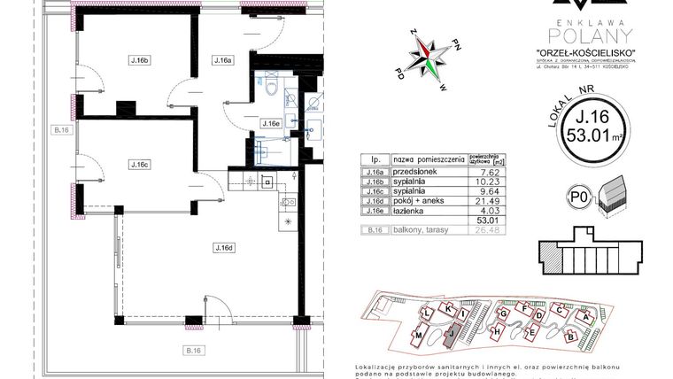 Rzut - Mieszkanie na sprzedaż 2 pokoje o powierzchni 53,01 m² - numer J.16 w Enklawa Polany etap II