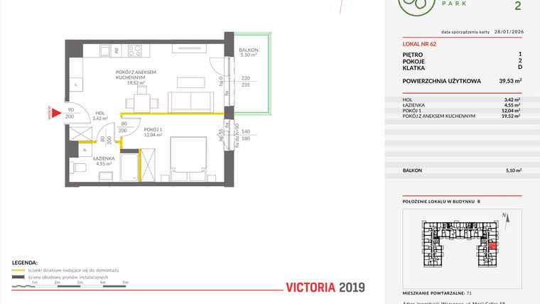 Rzut - Mieszkanie na sprzedaż 2 pokoje o powierzchni 39,69 m² - numer B.62 w Olchowy Park II