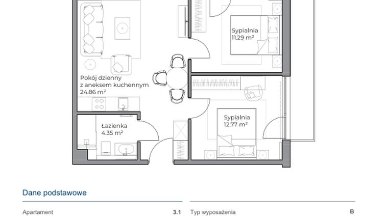 Rzut - Mieszkanie na sprzedaż 3 pokoje o powierzchni 53,08 m² - numer B.3.1 w Anchoria Holiday